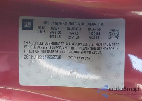 2015 Chevrolet Camaro 1Lt из США, поврежденный, VIN 2G1FD1E32F9232730